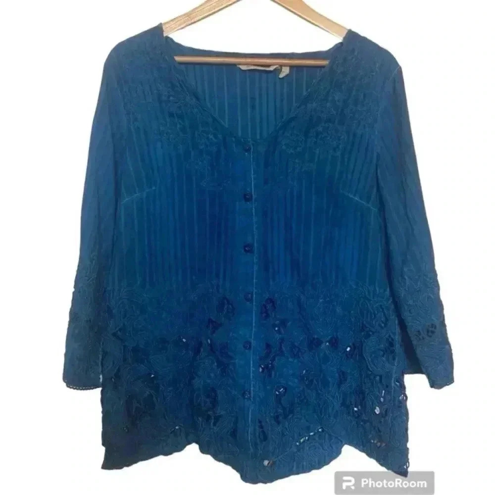 Soft Surroundings Womens Esme Cerulean Blue Embroidered Lace Tunic